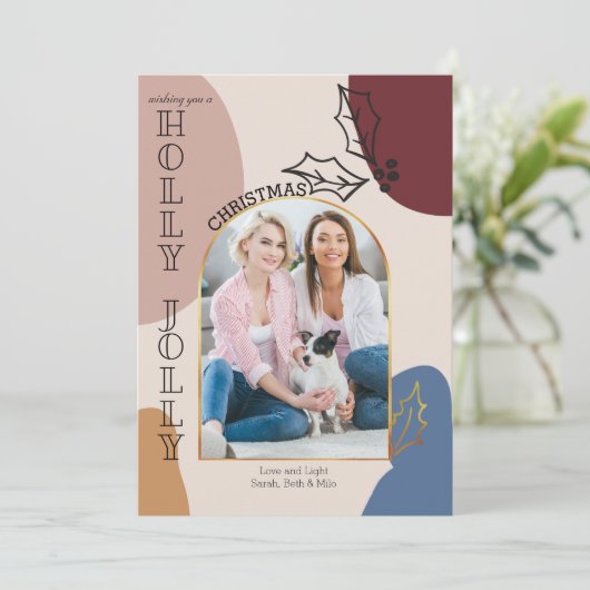 Holly Jolly Gold Arch Foto en Organic Shapes Feestdagenkaart (Staand voorkant)