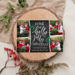 Holly Jolly | Holiday Foto Collage Kaart<br><div class="desc">De roestachtige en griezelige fotokaart bevat vier foto's in een collage lay-out, met "holly jolly Kerstmis" in witte, met de hand geschreven typografie op een achtergrond van het bord, voorzien van rode en groene holly bladeren en bessen. Personaliseer met uw namen onder, en voeg een extra foto aan de rug...</div>