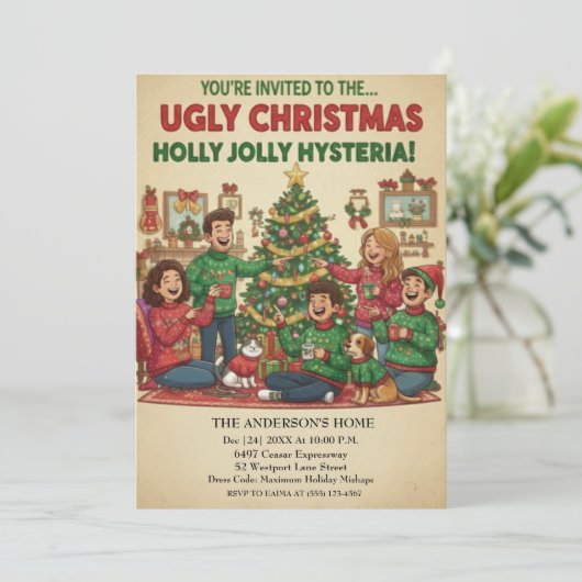 Holly Jolly Hysteria Ugly Sweater Christmas Party  Kaart (Staand voorkant)