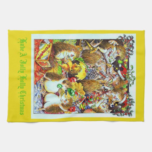 Holly Jolly Kerst Hedgehogs Theedoek (Horizontaal)