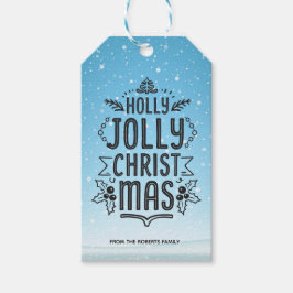 Holly Jolly Kerst Typografie Blauwe Sneeuw Custom Cadeaulabel