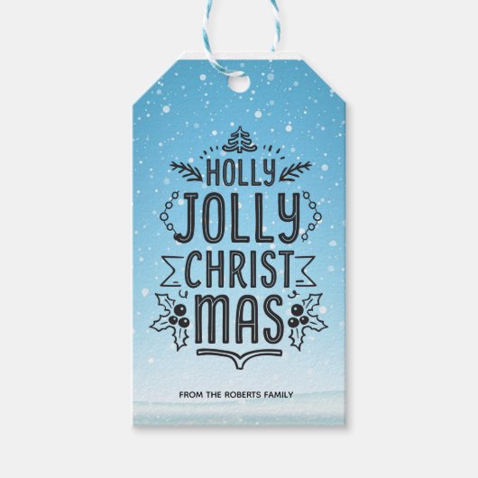 Holly Jolly Kerst Typografie Blauwe Sneeuw Custom Cadeaulabel (Voorkant)