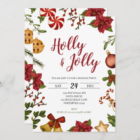 Holly Jolly Kerstfeestdag Uitnodiging (Voorkant / Achterkant)