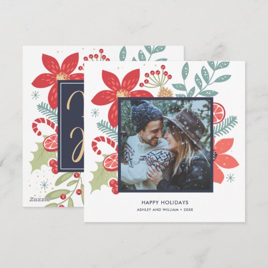 Holly Jolly KerstFloral | Fotovakantiekaart Feestdagenkaart (Voorkant / Achterkant)