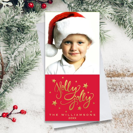 Holly Jolly Kerstfoto | Whimsical rood goud Feestdagenkaart
