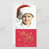 Holly Jolly Kerstfoto | Whimsical rood goud Feestdagenkaart (Voorkant)