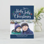 Holly Jolly-kerstmarineblauw Foto Feestdagenkaart (Staand voorkant)