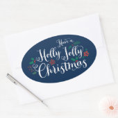 Holly Jolly Kerstmarineblauw Holiday Ovale Sticker (Envelop)