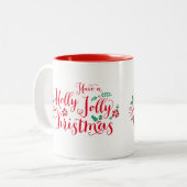 Holly Jolly Kerstmis Red Script Holiday Tweekleurige Koffiemok (Voorkant links)