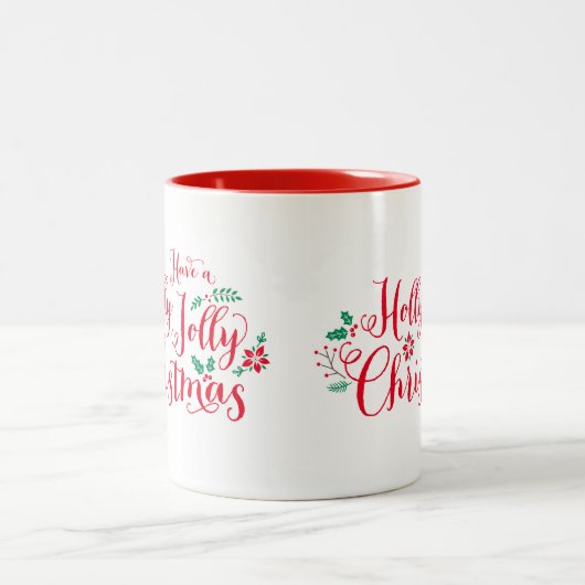 Holly Jolly Kerstmis Red Script Holiday Tweekleurige Koffiemok (Center)