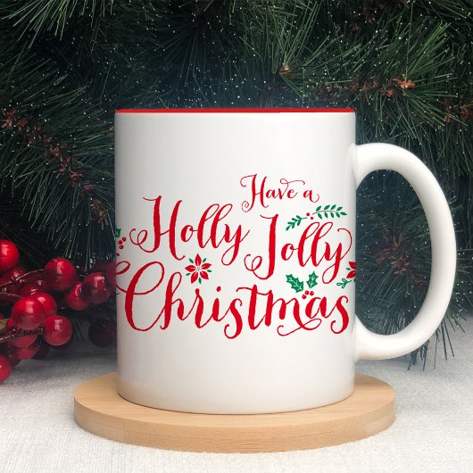 Holly Jolly Kerstmis Red Script Holiday Tweekleurige Koffiemok