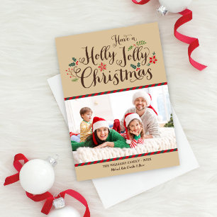 Holly Jolly Kerstmis Rustic Tan foto Feestdagenkaart
