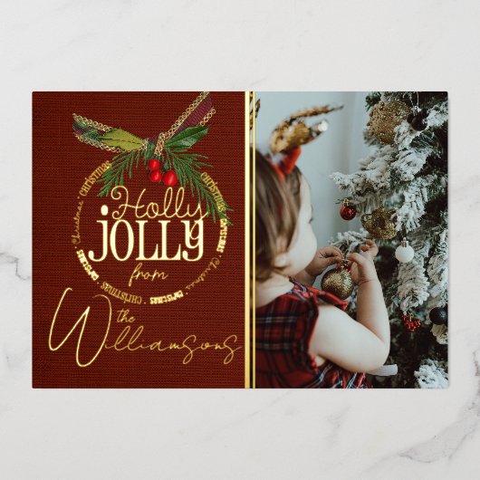 Holly Jolly Kerstrood met Holly Berry Gold Folie Feestdagenkaart (Voorkant)