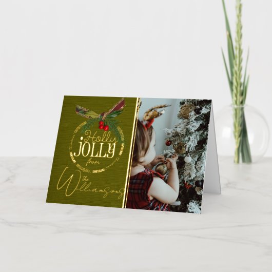 Holly Jolly Kerstrood met Holly Berry Gold Folie Feestdagenkaart (Voorkant)