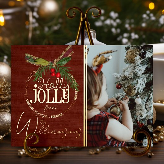 Holly Jolly Kerstrood met Holly Berry Gold Folie Feestdagenkaart