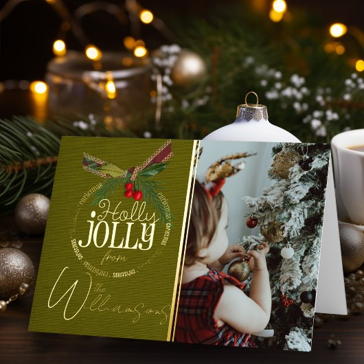 Holly Jolly Kerstrood met Holly Berry Gold Folie Feestdagenkaart