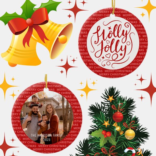 Holly Jolly Kerstscript Familie Foto Rood Keramisch Ornament
