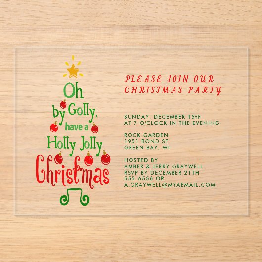 Holly Jolly Kersttypografie Klassieke Song Acryl Uitnodigingen (Voorkant)