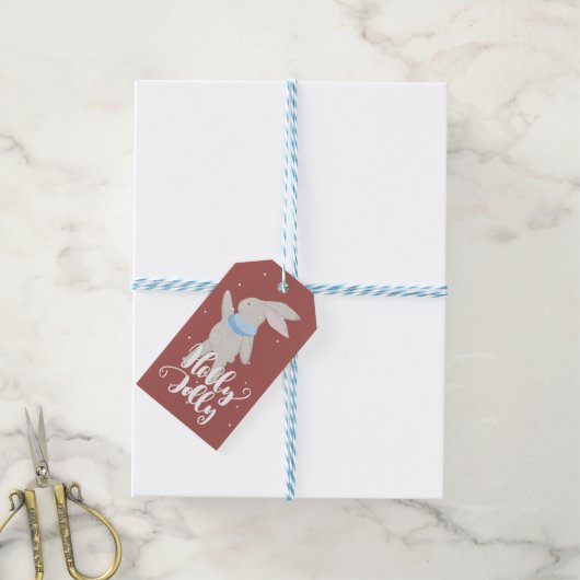 Holly Jolly Little Schattige Bunny Donkerrood en b Cadeaulabel (Met Touw)