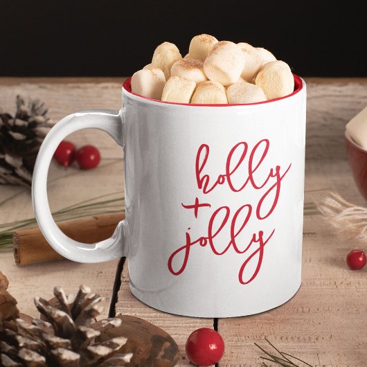 Holly Jolly Modern Schattige Script Minimalistisch Tweekleurige Koffiemok