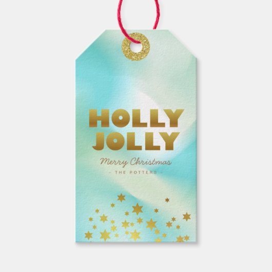 Holly Jolly | Pastel Groen Gradiënt & Goud Cadeaulabel (Voorkant)