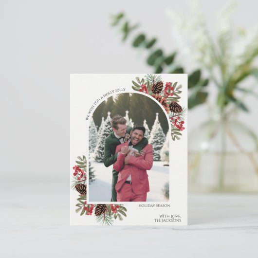 Holly Jolly Pine Cones & Berries One Photo Arch Feestdagenkaart (Staand voorkant)