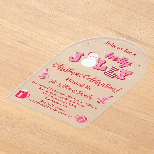Holly Jolly Pink Red Script Kerstfeest Arch Acryl Uitnodigingen (Laagn)