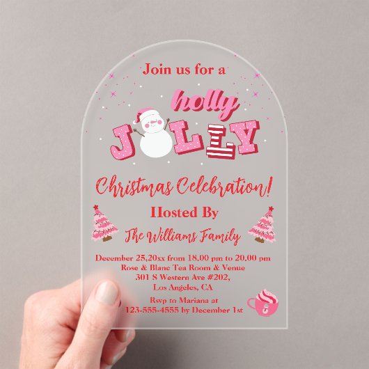 Holly Jolly Pink Red Script Kerstfeest Arch Acryl Uitnodigingen (Insitu (Draagbaar))