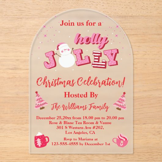 Holly Jolly Pink Red Script Kerstfeest Arch Acryl Uitnodigingen (Voorkant)