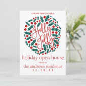 Holly Jolly Quote Leaf Berries Holiday Open House Kaart (Staand voorkant)