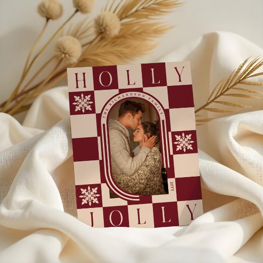 Holly Jolly Retro Checker Kerstboog Foto Feestdagenkaart