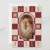 Holly Jolly Retro Checker Kerstboog Foto Feestdagenkaart (Voorkant)