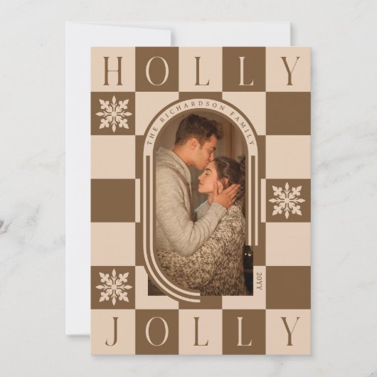 Holly Jolly Retro Checker Kerstboog Foto Feestdagenkaart (Voorkant)