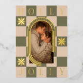 Holly Jolly Retro Geruite Kerstboog Foto Folie Feestdagenkaart (Voorkant)