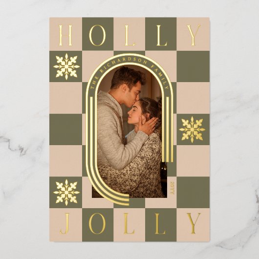 Holly Jolly Retro Geruite Kerstboog Foto Folie Feestdagenkaart (Voorkant)