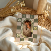 Holly Jolly Retro Geruite Kerstboog Foto Folie Feestdagenkaart