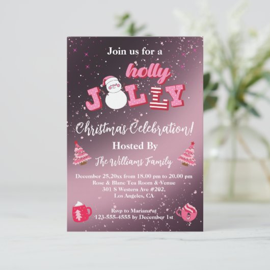 Holly Jolly Roze Metallic Glitters Kerstfeest Kaart (Staand voorkant)