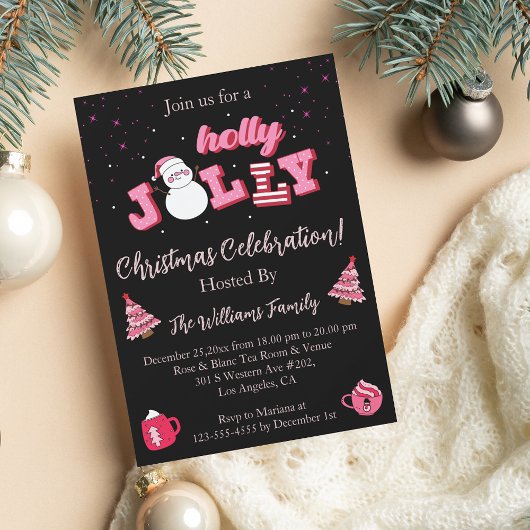 Holly Jolly Roze Zwart Kerstfeest Kaart