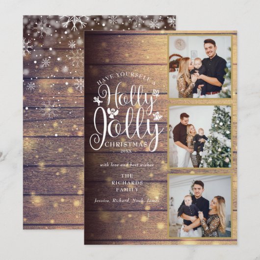 Holly Jolly Rustic Houten 3 Foto Collage Feestdagenkaart (Voorkant / Achterkant)