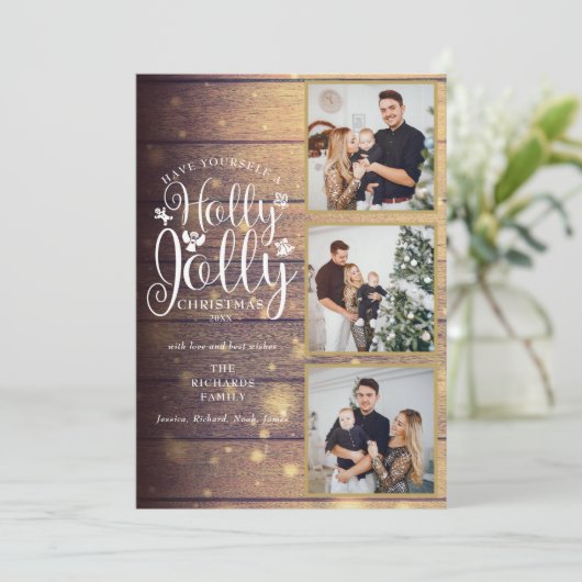 Holly Jolly Rustic Houten 3 Foto Collage Feestdagenkaart (Staand voorkant)