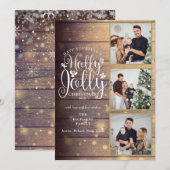 Holly Jolly Rustic Houten Fotocollage van 3 foto's Feestdagenkaart (Voorkant / Achterkant)