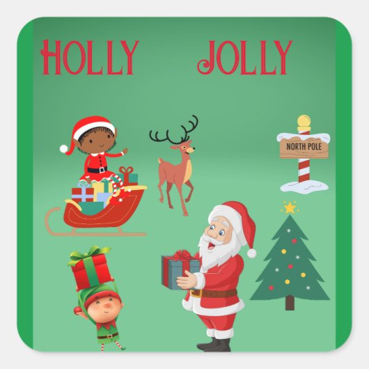 HOLLY JOLLY SANTA AND ELVES CHRISTMAS VIERKANTE STICKER (Voorkant)