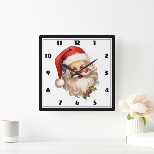 Holly Jolly Santa Claus Retro Style Kerstmis Vierkante Klok (Huis)