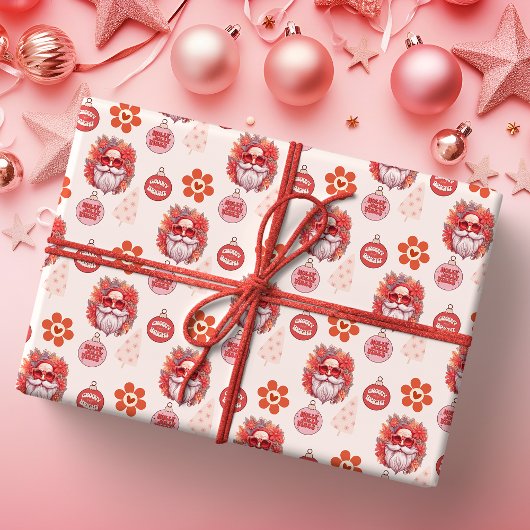 Holly Jolly Santa Vibes Pink Retro Holiday Cadeaupapier