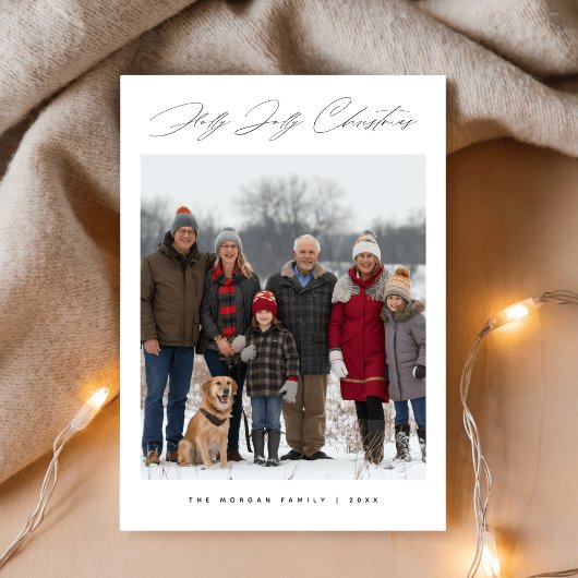 Holly Jolly Script Snowy Family Christmas Photo Feestdagenkaart