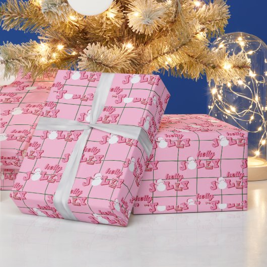 Holly Jolly Sneeuwman Roze Kerstmis Cadeaupapier (Feestdagen)