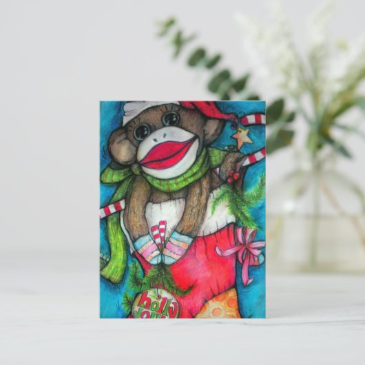 Holly Jolly Sock Monkey Feestdagenkaart (Staand voorkant)