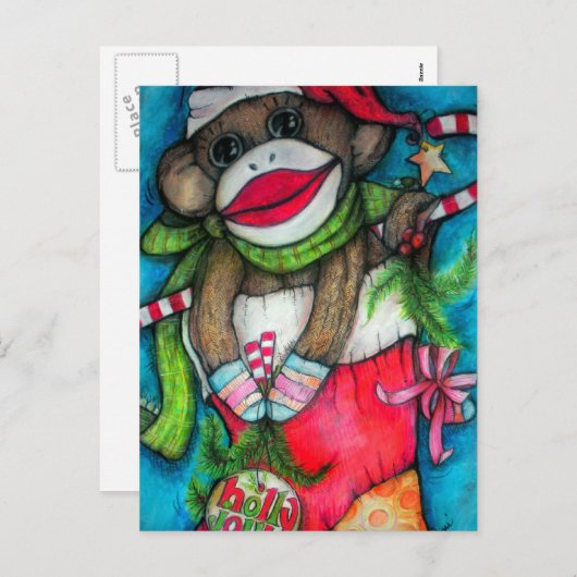 Holly Jolly Sock Monkey Feestdagenkaart (Voorkant / Achterkant)
