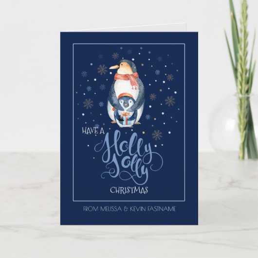 Holly Jolly Typography & Kerstpinguin Feestdagen Kaart (Voorkant)