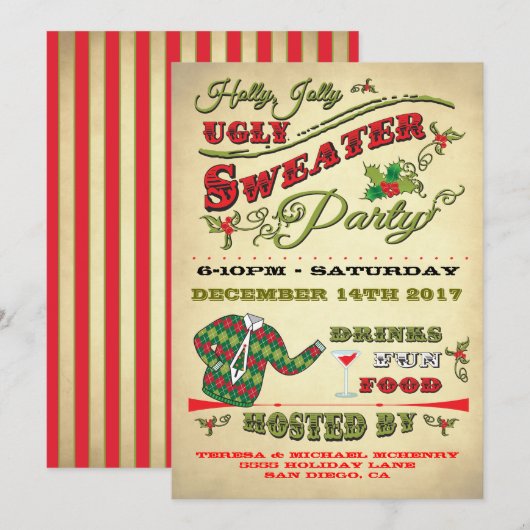 Holly Jolly Ugly Sweater Holiday Party Invitation Kaart (Voorkant / Achterkant)
